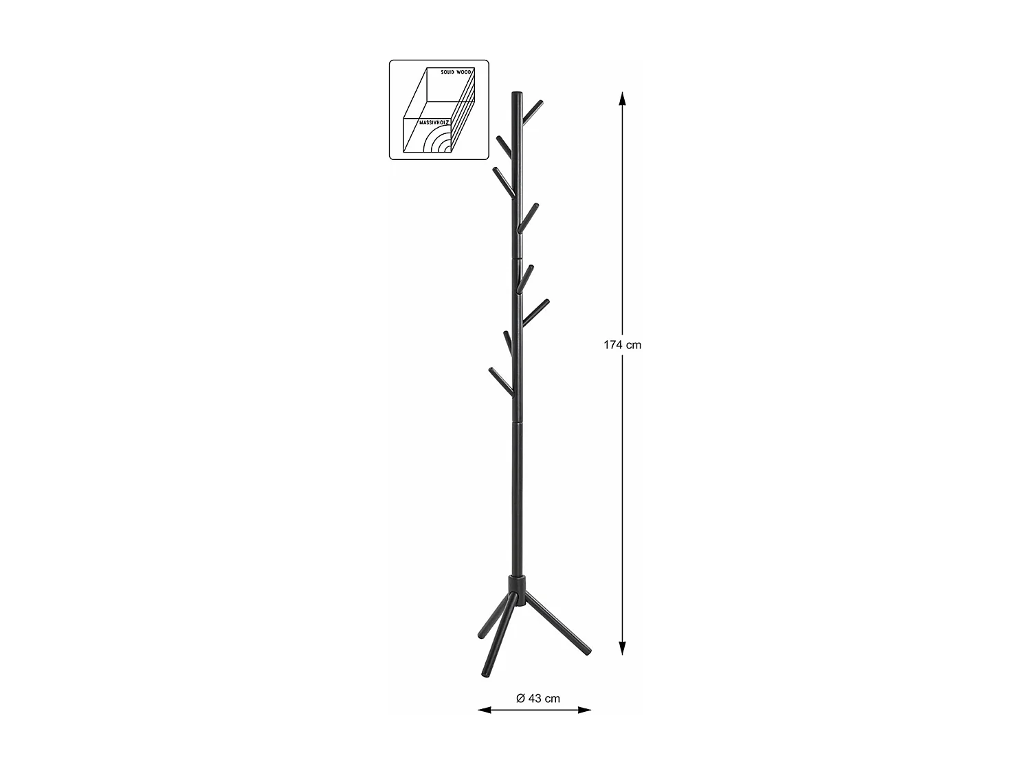 Porte-manteau avec 8 crochets en bois massif coloris noir - diamètre 43 x hauteur 174 cm