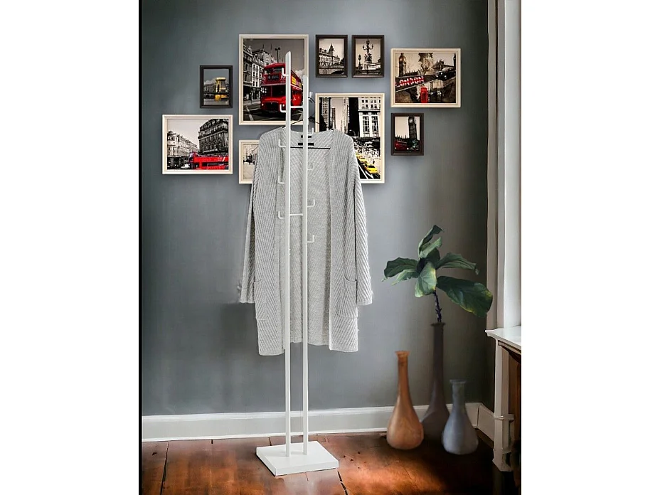 Porte-manteau avec 8 crochets en métal coloris blanc - longueur 29 x profondeur 29 x hauteur 176  cm