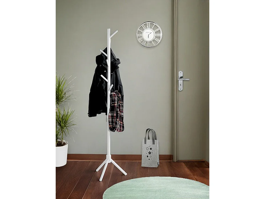 Porte-manteau avec 8 crochets en bois massif coloris blanc - diamètre 43 x hauteur 174 cm