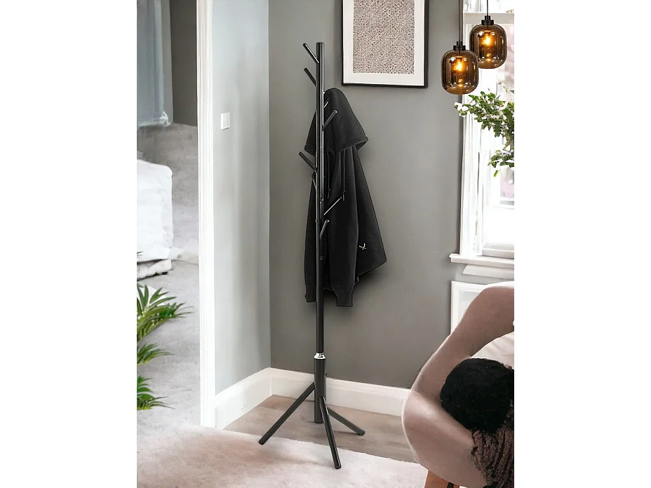Porte-manteau avec 8 crochets en métal coloris noir  - diamètre 48 x hauteur 173 cm