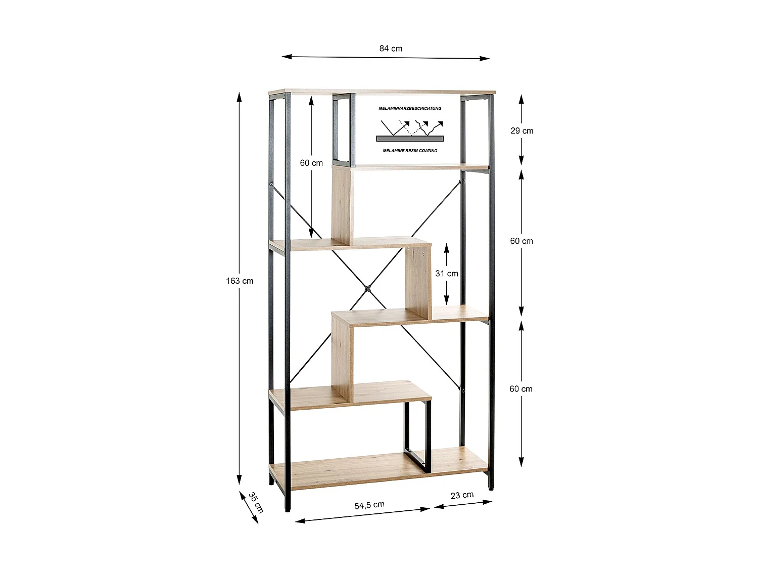 Etagère, meuble étagère en bois coloris chêne et métal noir -longueur 84 x profondeur 35 x hauteur 163 cm