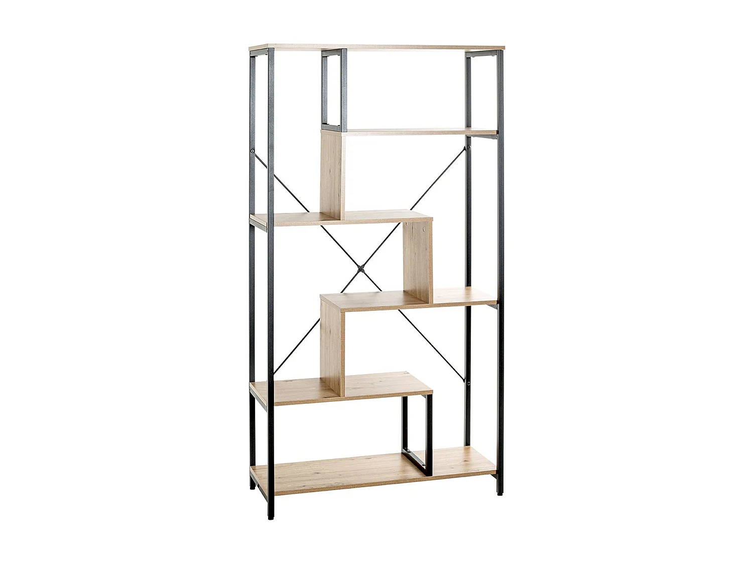 Etagère, meuble étagère en bois coloris chêne et métal noir -longueur 84 x profondeur 35 x hauteur 163 cm
