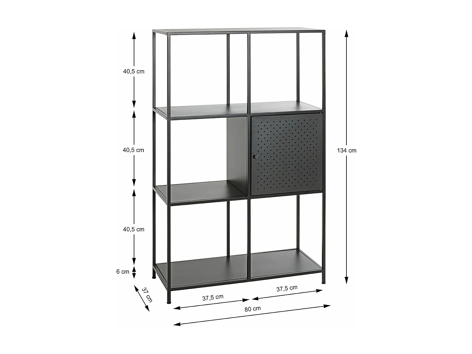 Etagère, meuble étagère avec 1 porte en métal noir -longueur 80 x profondeur 37 x hauteur 134 cm