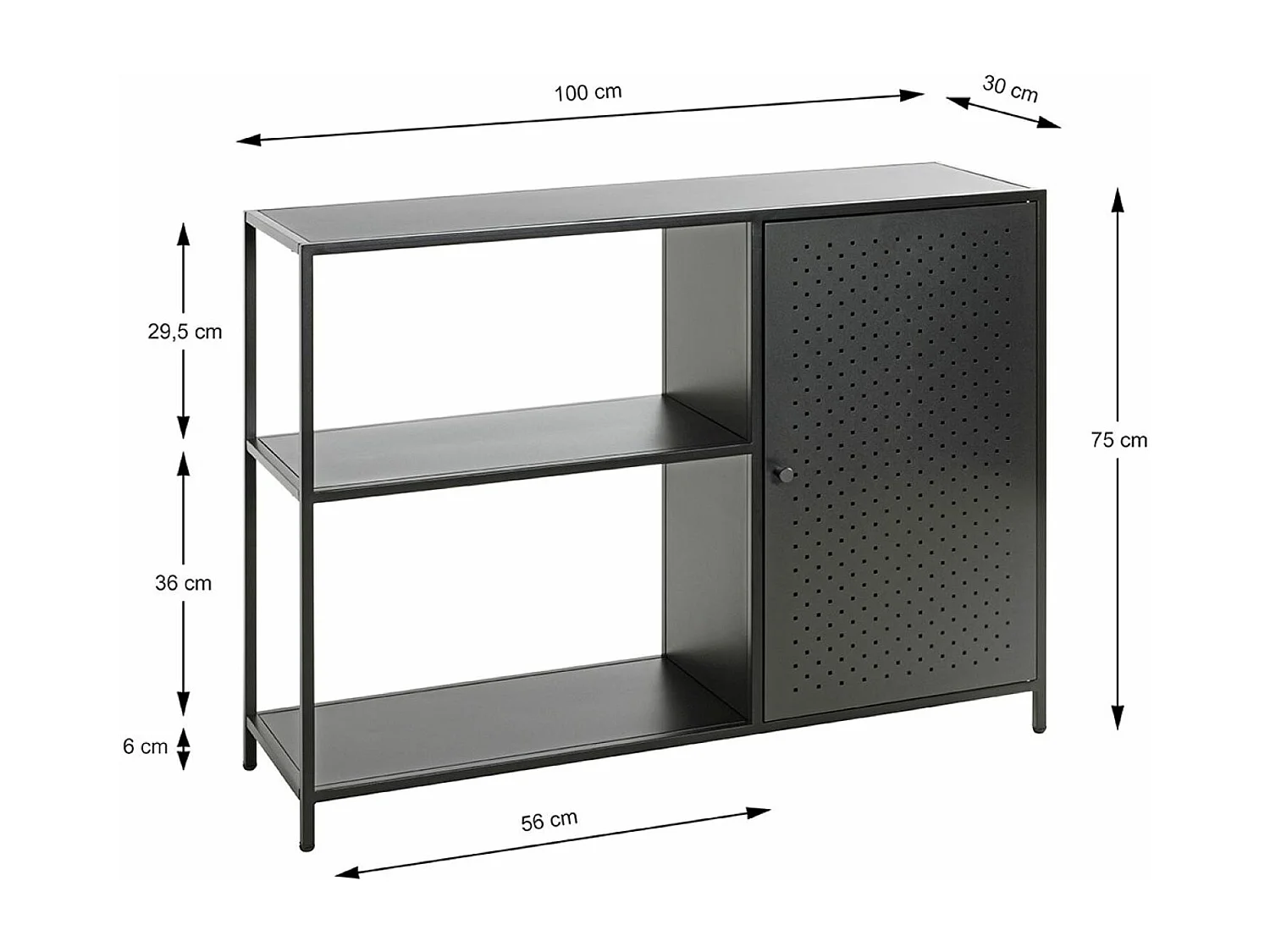 Etagère, meuble étagère avec 1 porte en métal noir  -longueur 100 x profondeur 30 x hauteur 75 cm