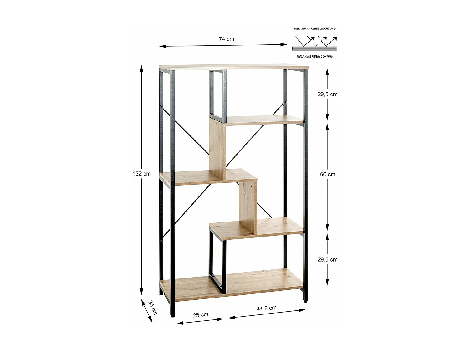 Etagère, meuble étagère en bois coloris chêne et métal noir  -longueur 74 x profondeur 35 x hauteur 132 cm