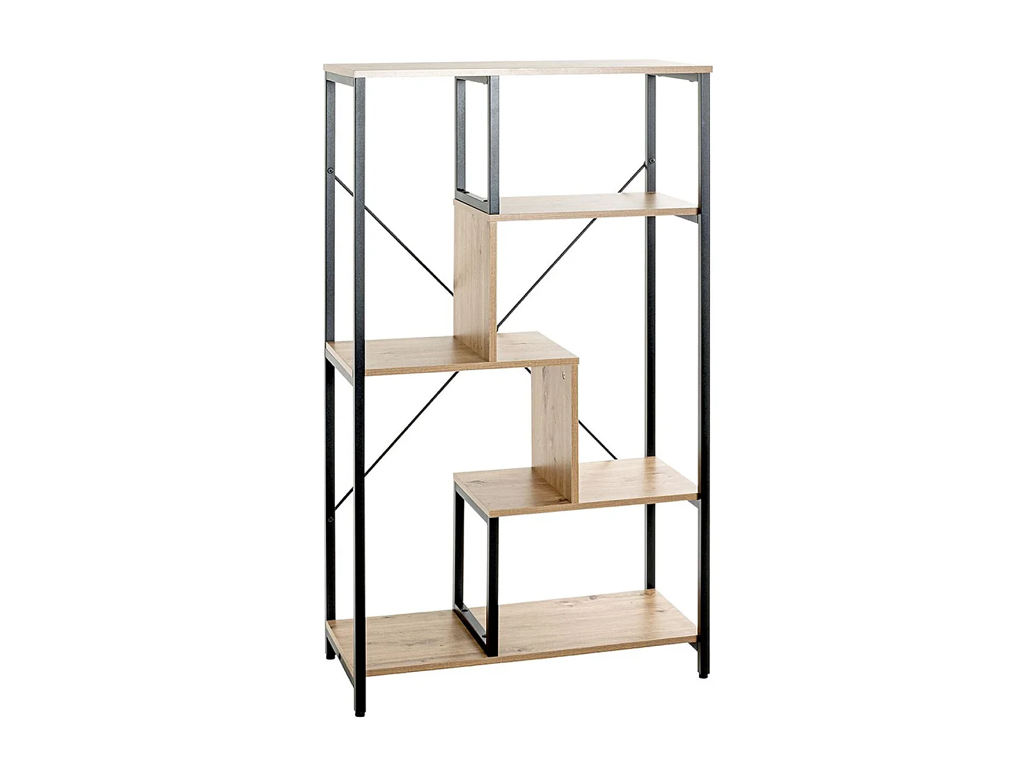 Etagère, meuble étagère en bois coloris chêne et métal noir  -longueur 74 x profondeur 35 x hauteur 132 cm