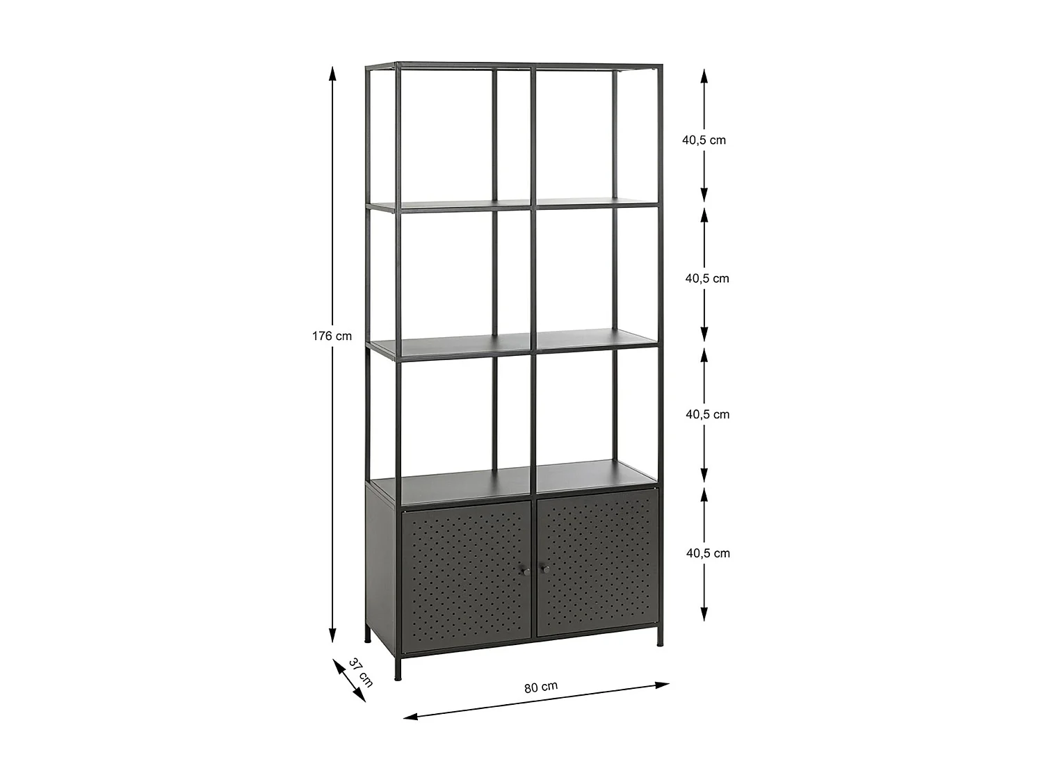 Etagère, meuble étagère avec 2 portes en métal noir -longueur 80 x profondeur 37 x hauteur 176 cm
