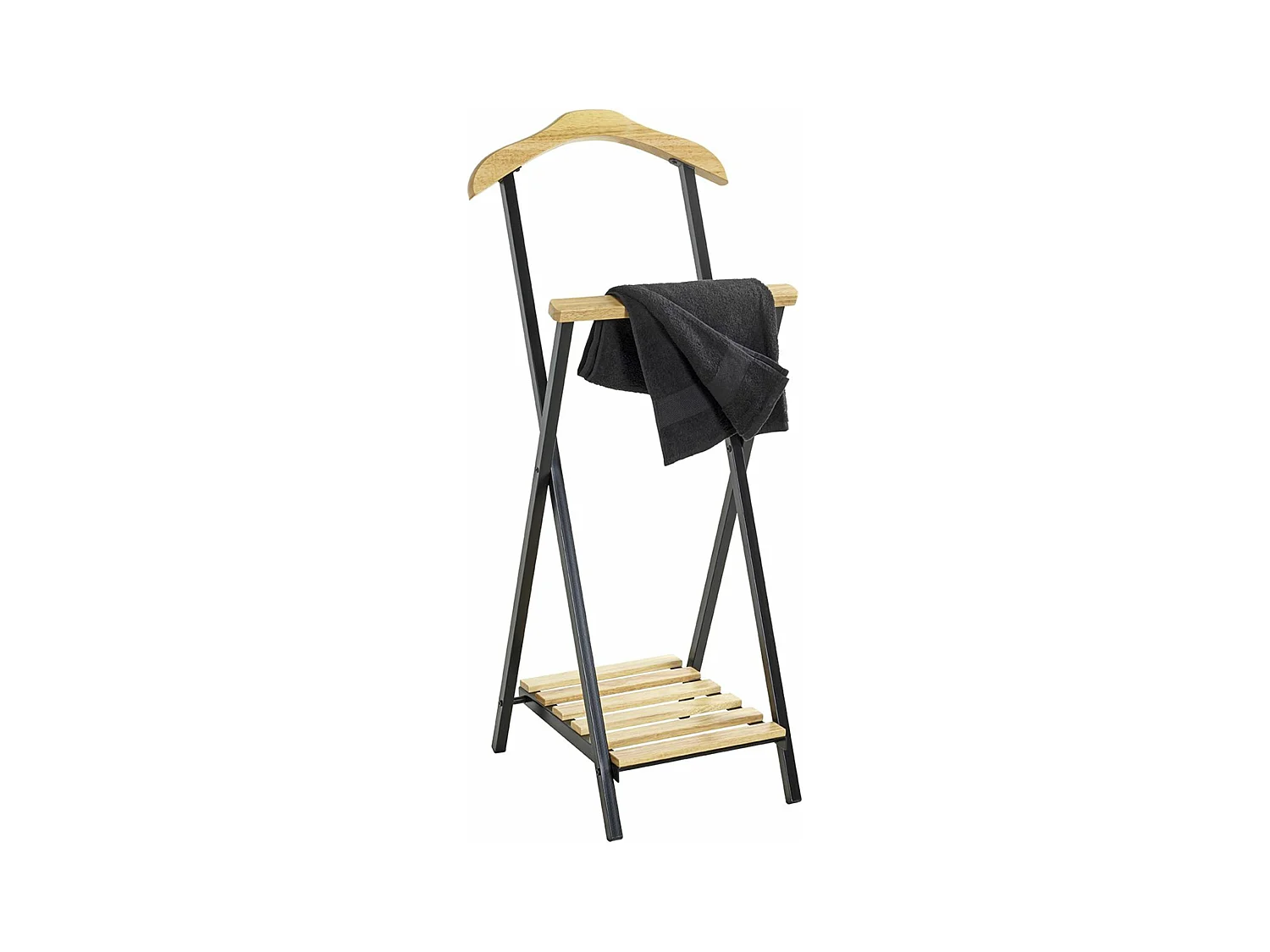 Valet de nuit , valet de chambre en bois massif coloris naturel et métal noir  -longueur 45 x profondeur 45 x hauteur 110 cm