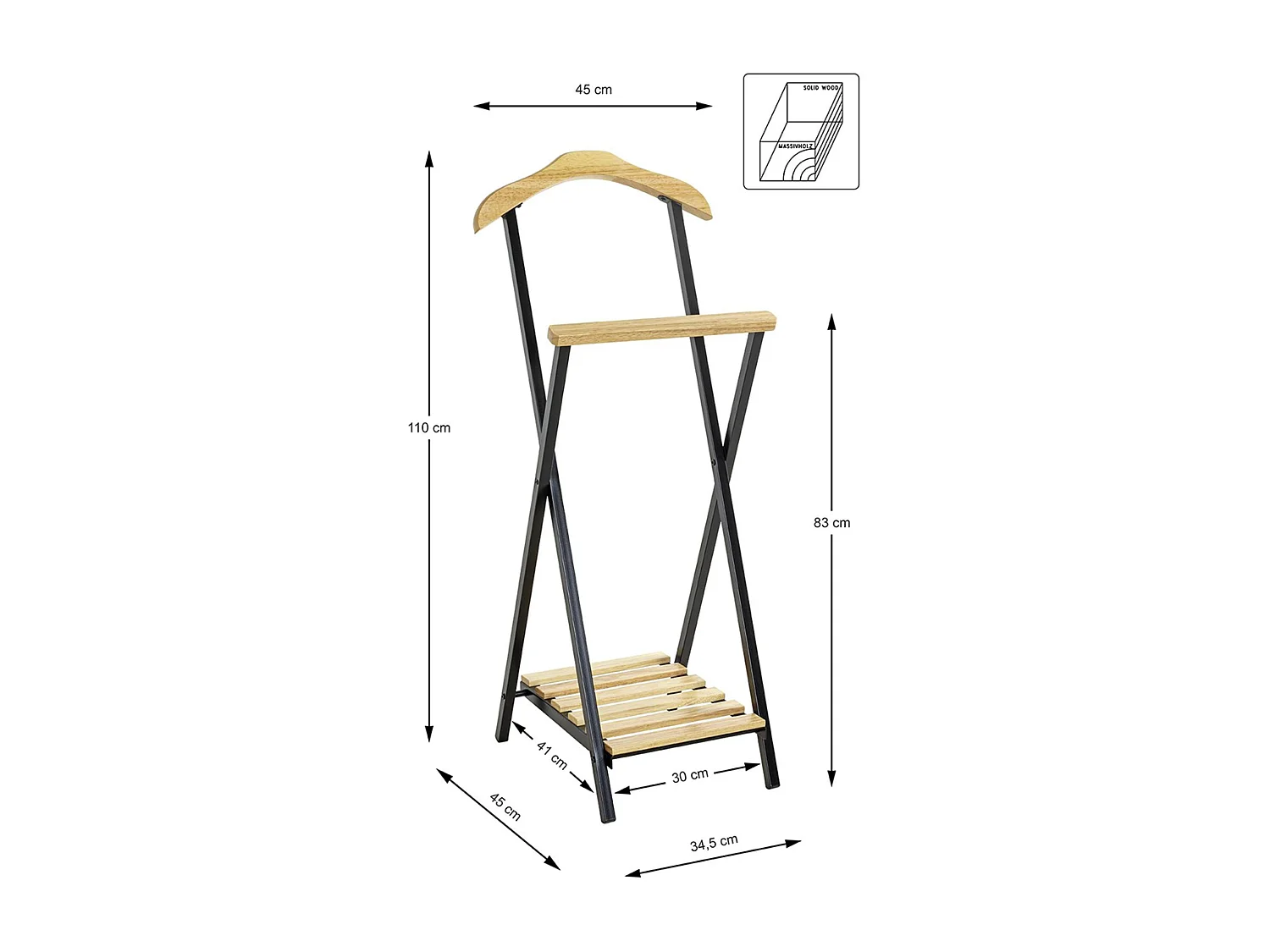 Valet de nuit , valet de chambre en bois massif coloris naturel et métal noir  -longueur 45 x profondeur 45 x hauteur 110 cm