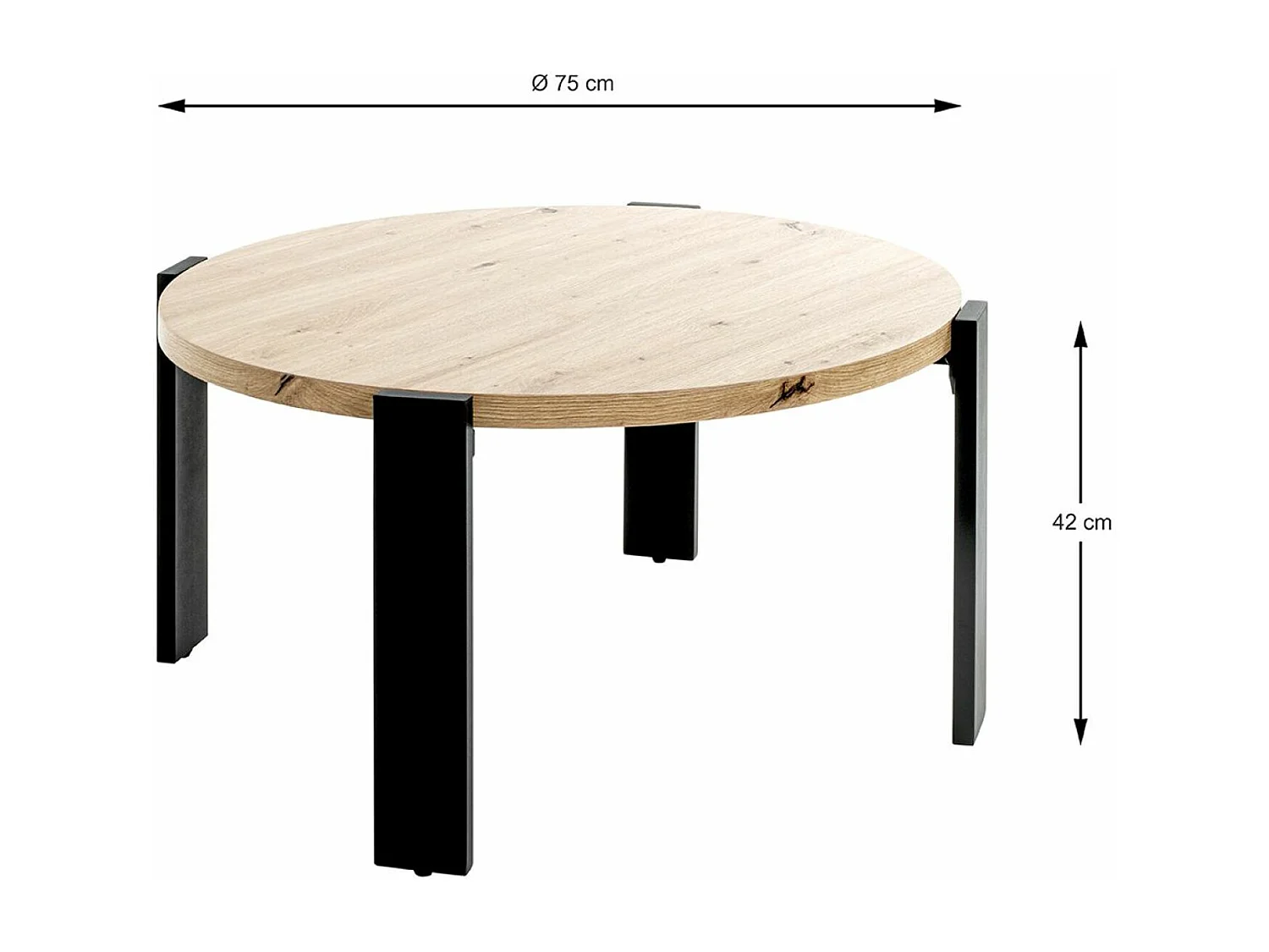 Table basse, Table de salon en bois chêne et métal noir - diamètre 75 x hauteur 42 cm