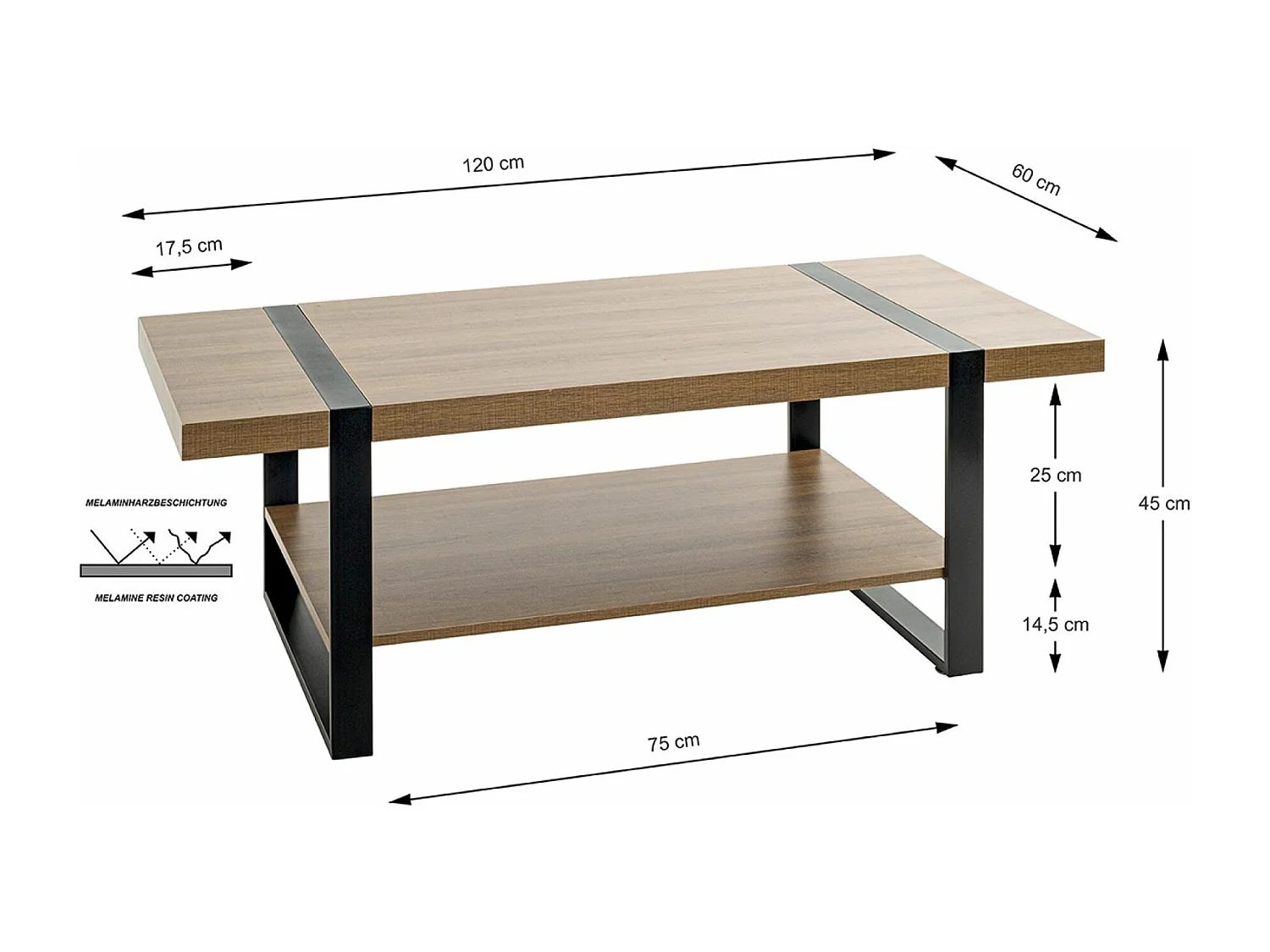 Table basse, Table de salon en bois coloris chêne et métal noir -longueur 120 x profondeur 60 x hauteur 45 cm