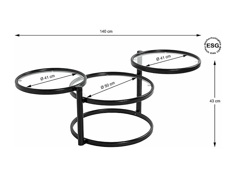 Table basse, Table de salon en métal coloris noir mat et verre trempé - longueur 58-140 x profondeur 50 x hauteur 43 cm
