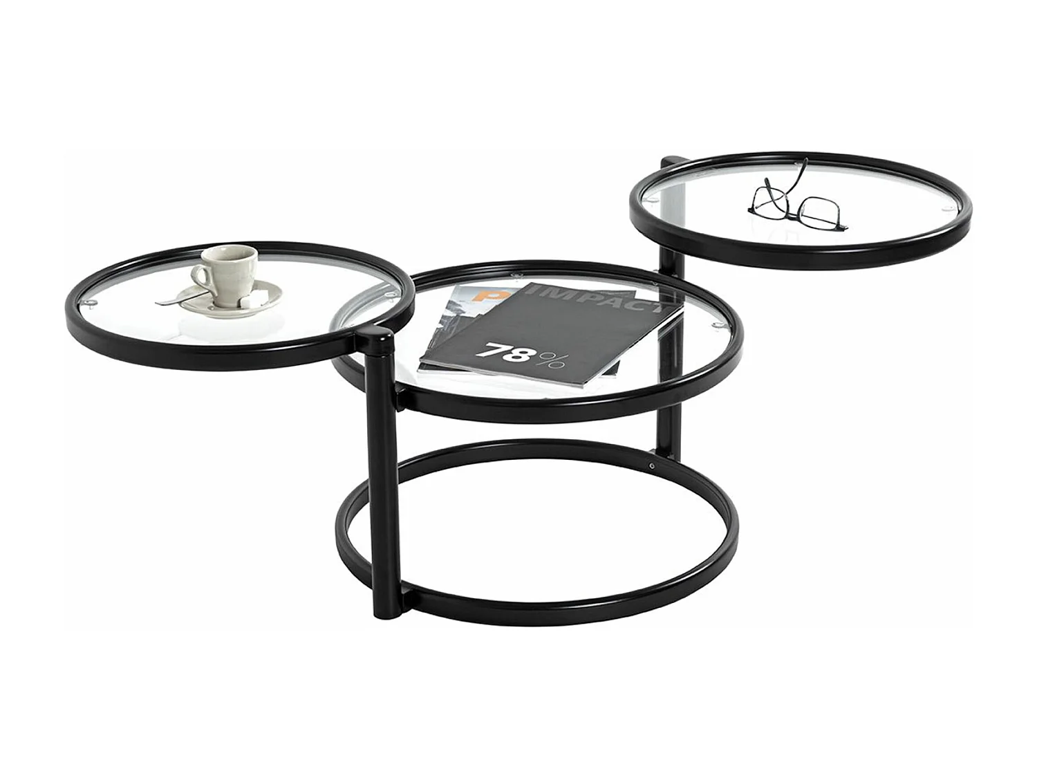 Table basse, Table de salon en métal coloris noir mat et verre trempé - longueur 58-140 x profondeur 50 x hauteur 43 cm