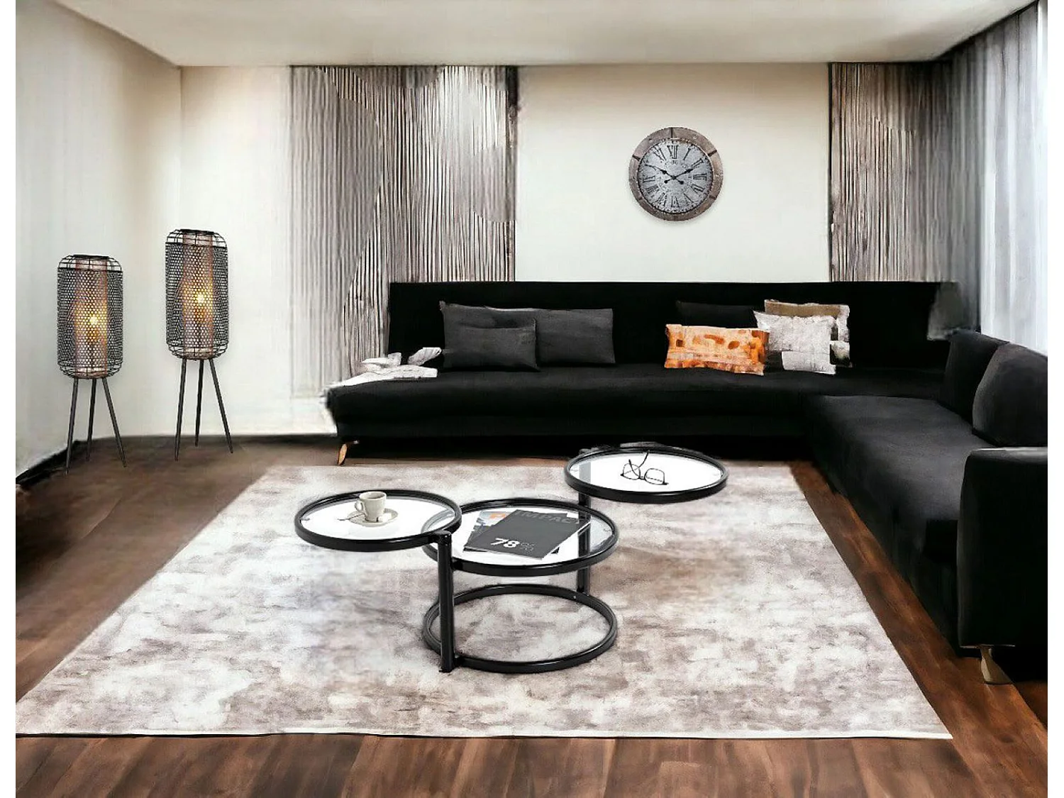 Table basse, Table de salon en métal coloris noir mat et verre trempé - longueur 58-140 x profondeur 50 x hauteur 43 cm