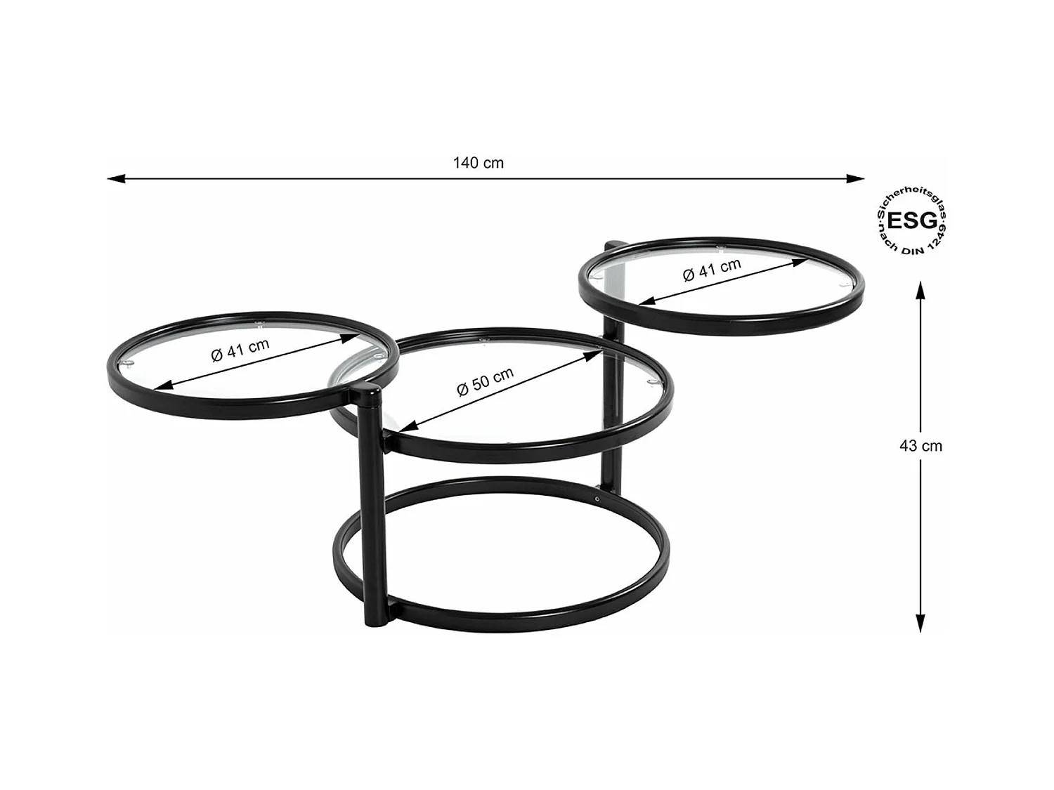 Table basse, Table de salon en métal coloris noir mat et verre trempé - longueur 58-140 x profondeur 50 x hauteur 43 cm