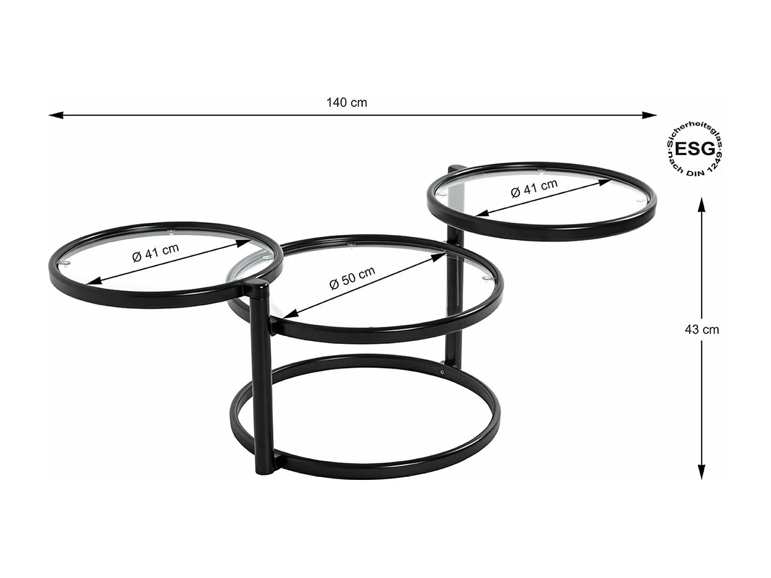 Table basse, Table de salon en métal coloris noir mat et verre trempé - longueur 58-140 x profondeur 50 x hauteur 43 cm