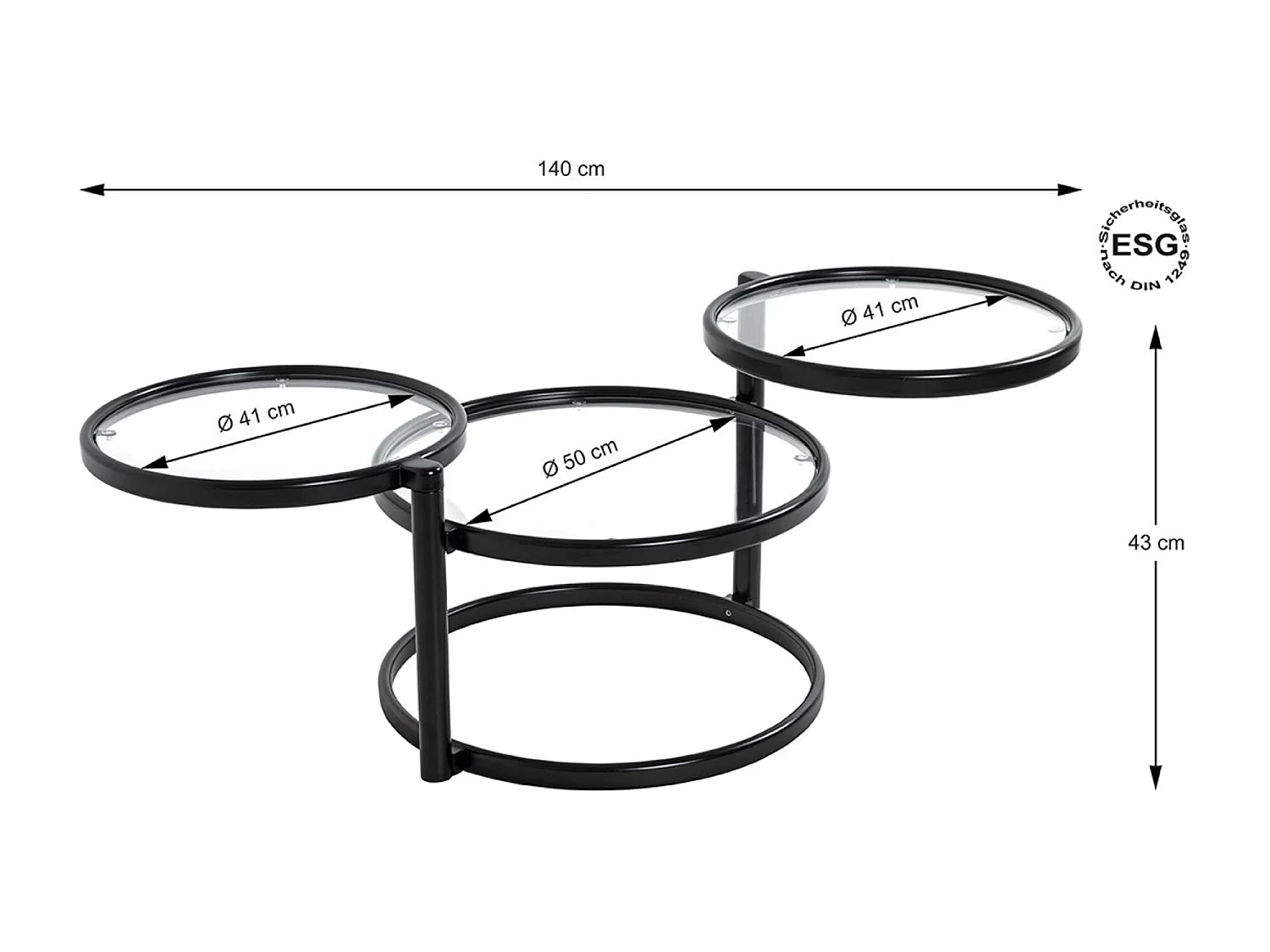 Table basse, Table de salon en métal coloris noir mat et verre trempé - longueur 58-140 x profondeur 50 x hauteur 43 cm