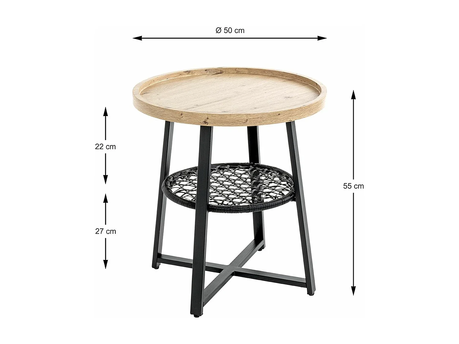 Table basse, Table de salon ronde en bois chêne et métal noir - diamètre 50 x hauteur 55 cm