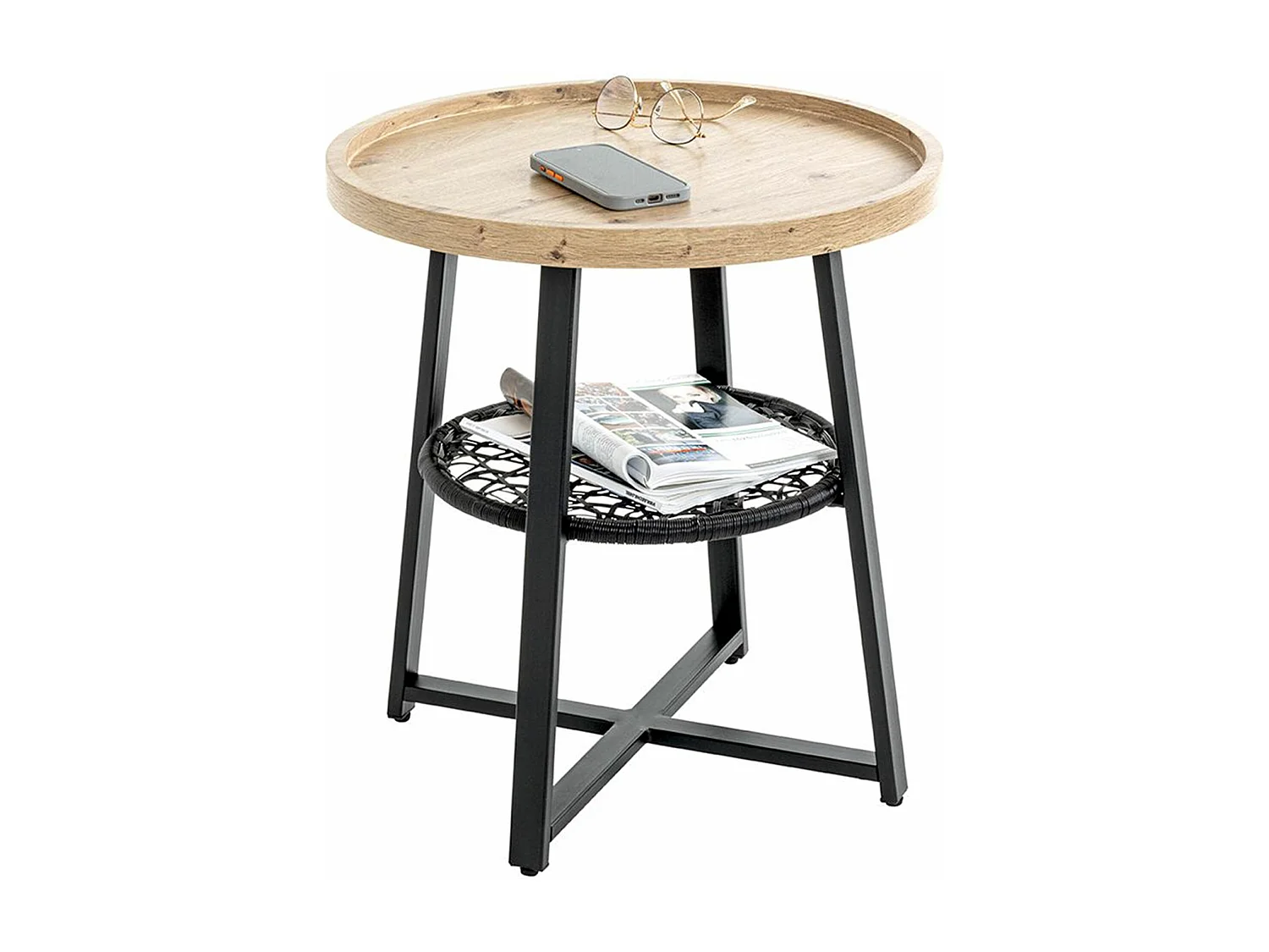 Table basse, Table de salon ronde en bois chêne et métal noir - diamètre 50 x hauteur 55 cm