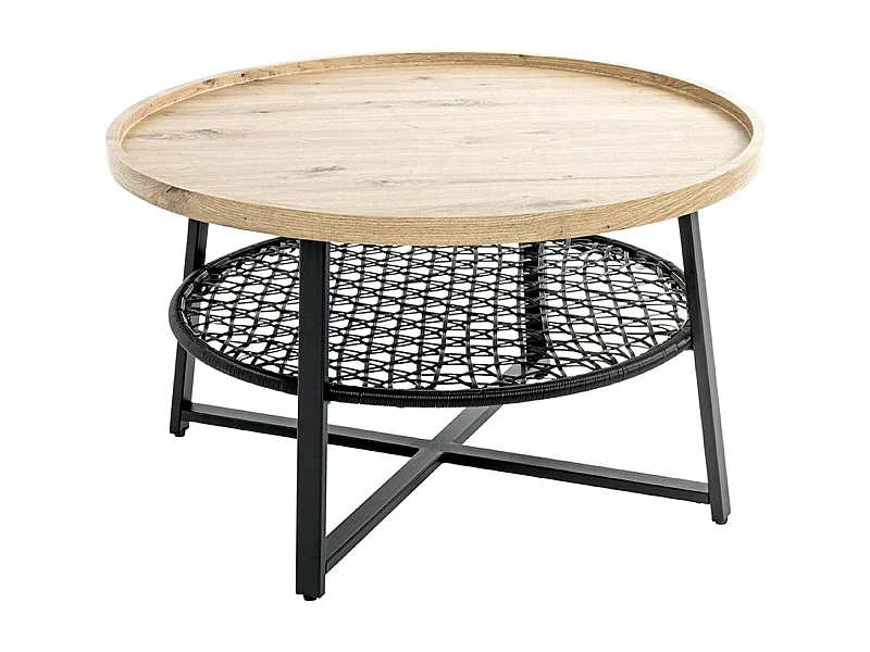 Table basse, Table de salon ronde en bois chêne et métal noir - diamètre 75 x hauteur 45 cm