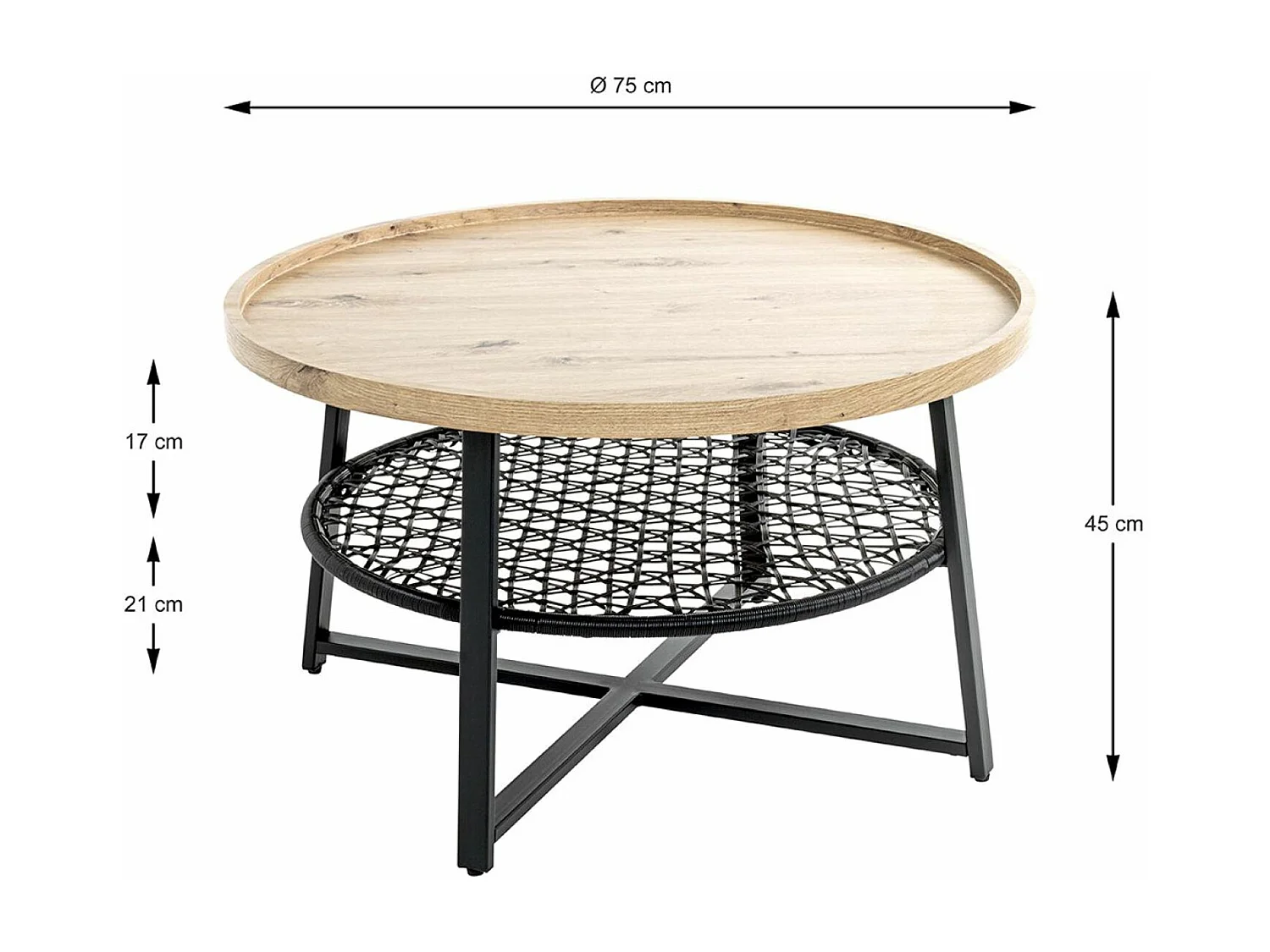 Table basse, Table de salon ronde en bois chêne et métal noir - diamètre 75 x hauteur 45 cm