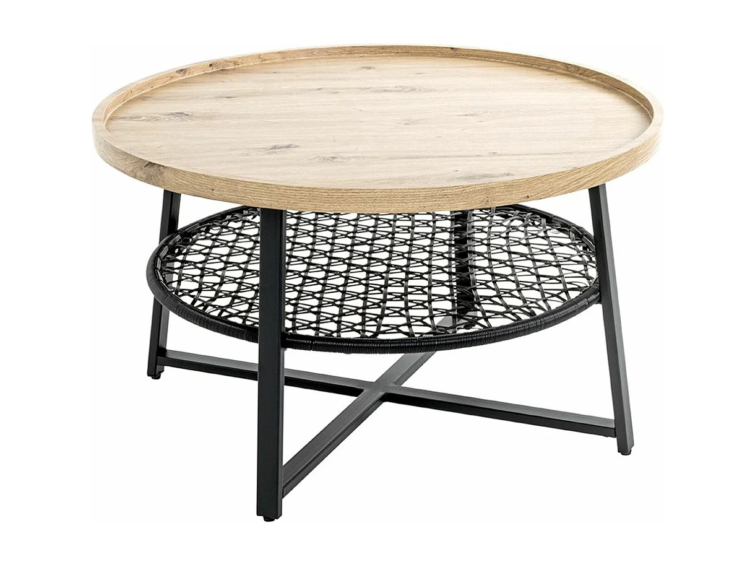 Table basse, Table de salon ronde en bois chêne et métal noir - diamètre 75 x hauteur 45 cm