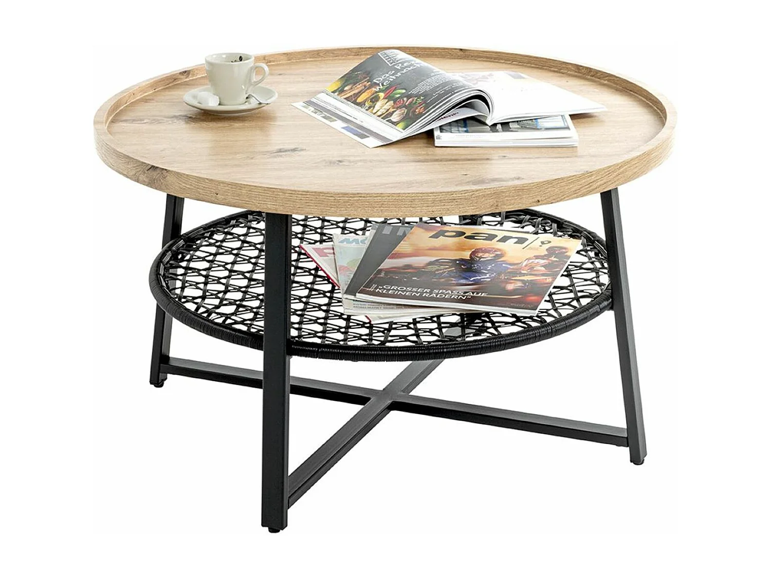 Table basse, Table de salon ronde en bois chêne et métal noir - diamètre 75 x hauteur 45 cm