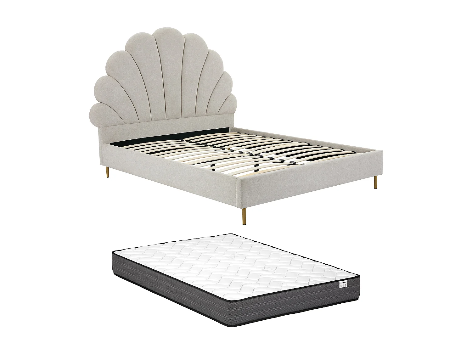 Bett mit Kopfteil in Muschelform + Matratze - 140 x 190 cm - Stoff - Beige - LIVAYA