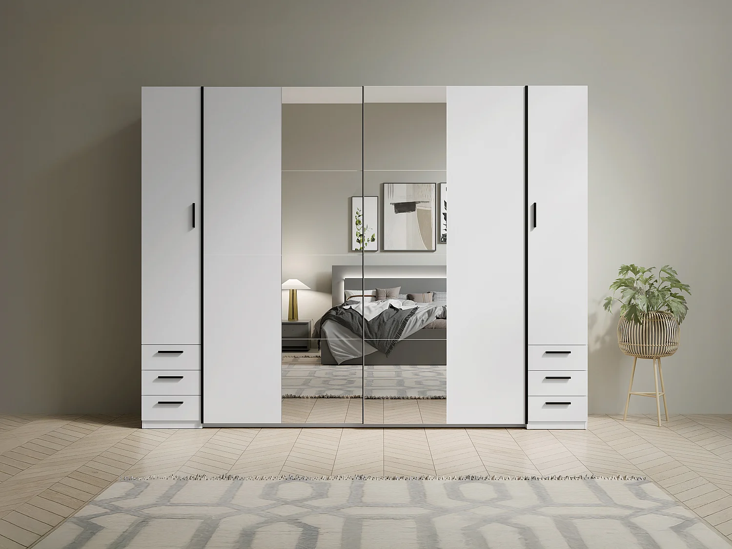 Armoire avec 6 tiroirs et 4 portes - Avec miroir - L270 cm - Blanc - ARVOLIA