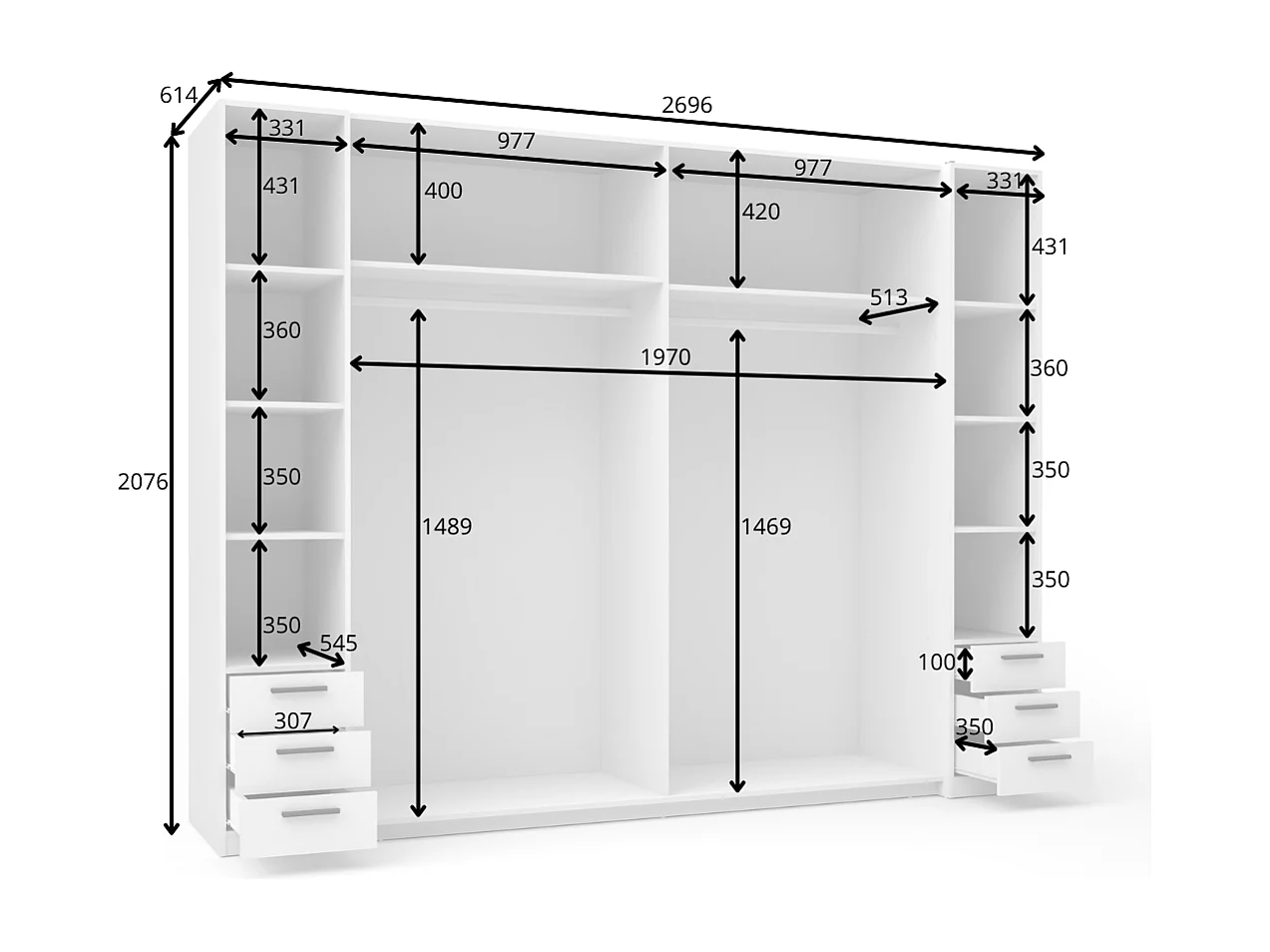 Armoire avec 6 tiroirs et 4 portes - Avec miroir - L270 cm - Blanc - ARVOLIA