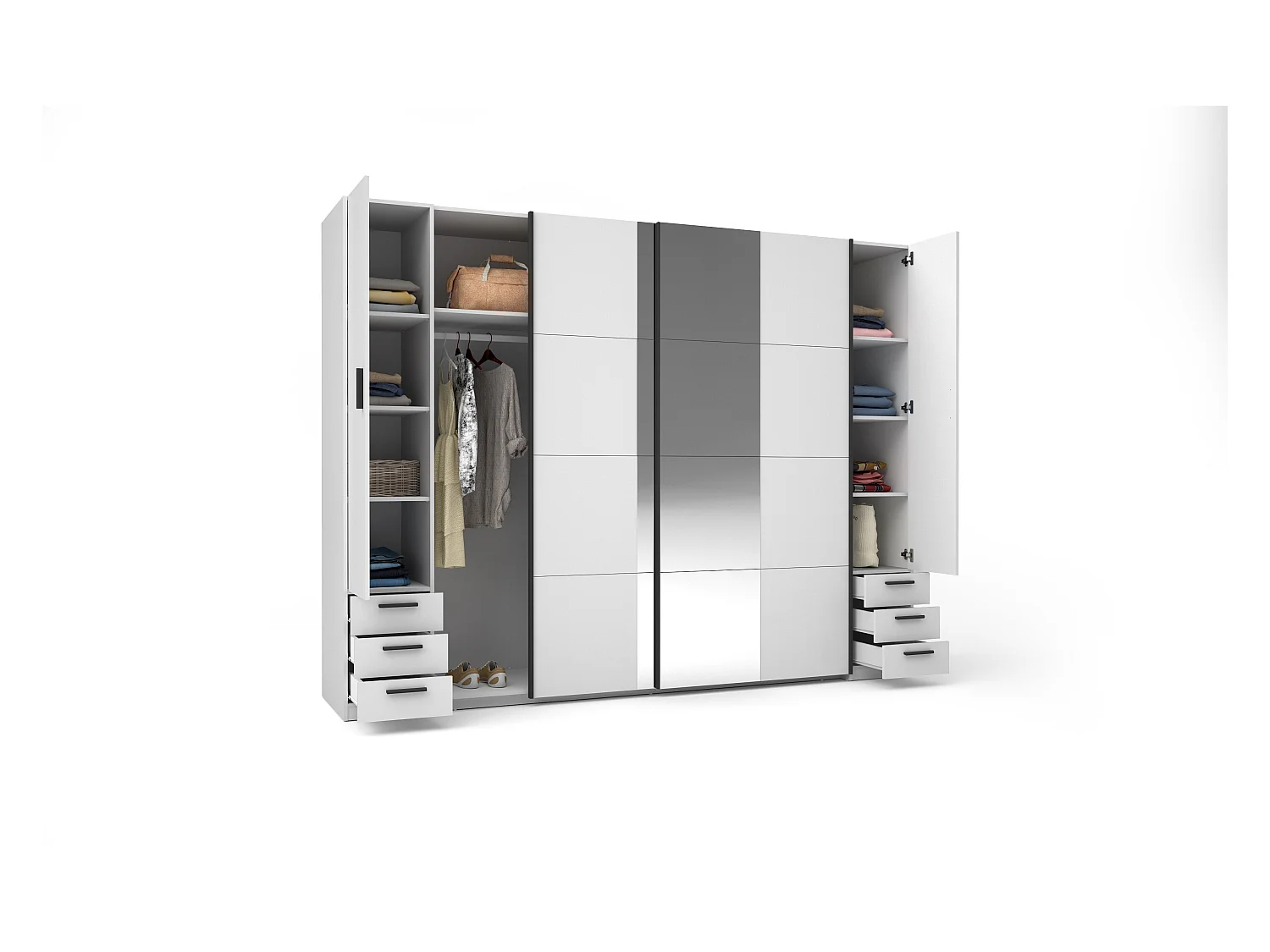 Kast met 6 lades en 4 deuren - Met spiegel - L270 cm - Wit - ARVOLIA