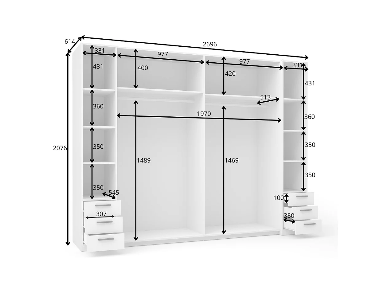 Kast met 6 lades en 4 deuren - Met spiegel - L270 cm - Wit - ARVOLIA