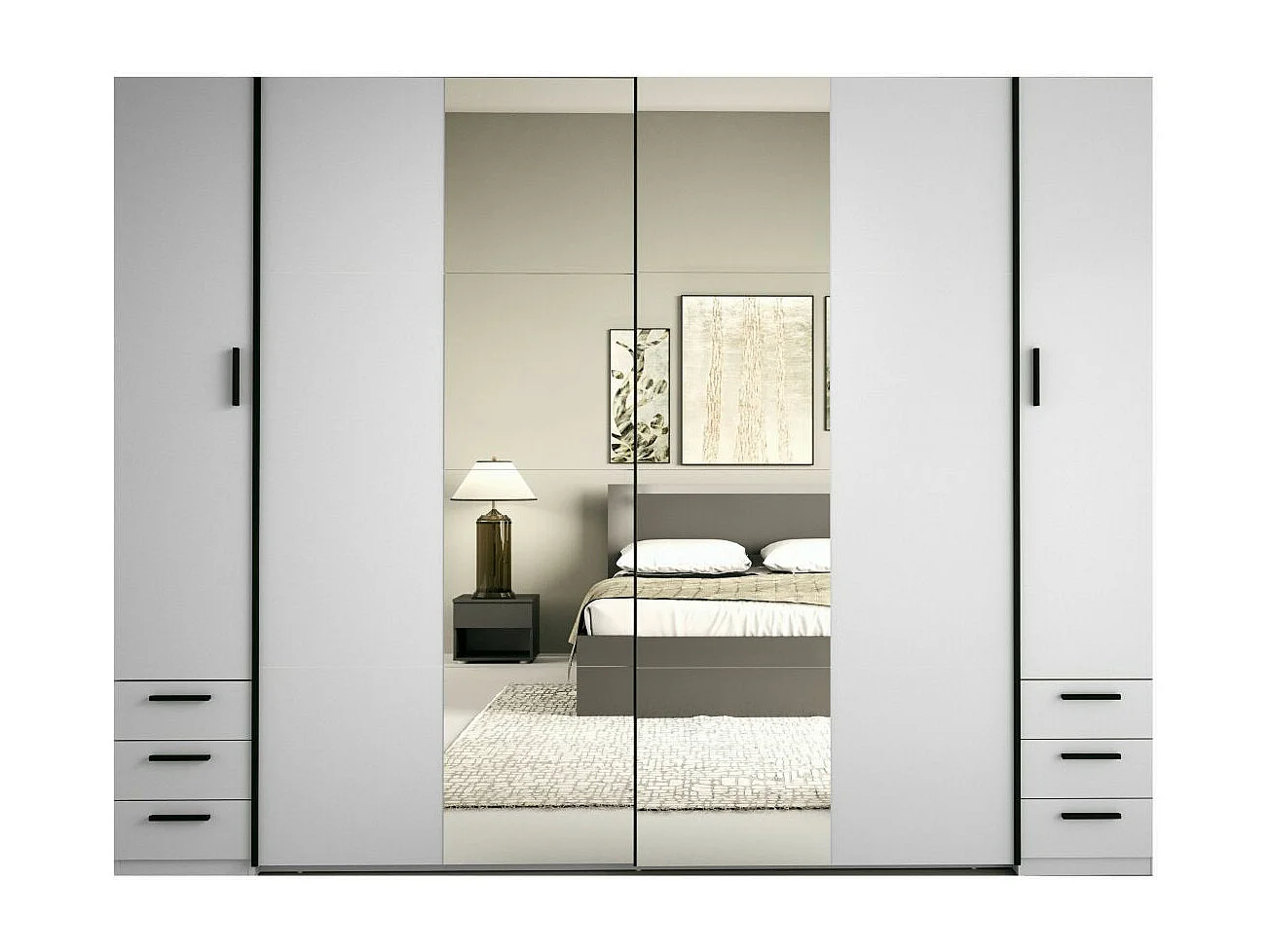 Kleiderschrank mit 6 Schubladen & 4 Türen - Mit Spiegel - 270 cm - Weiß - ARVOLIA