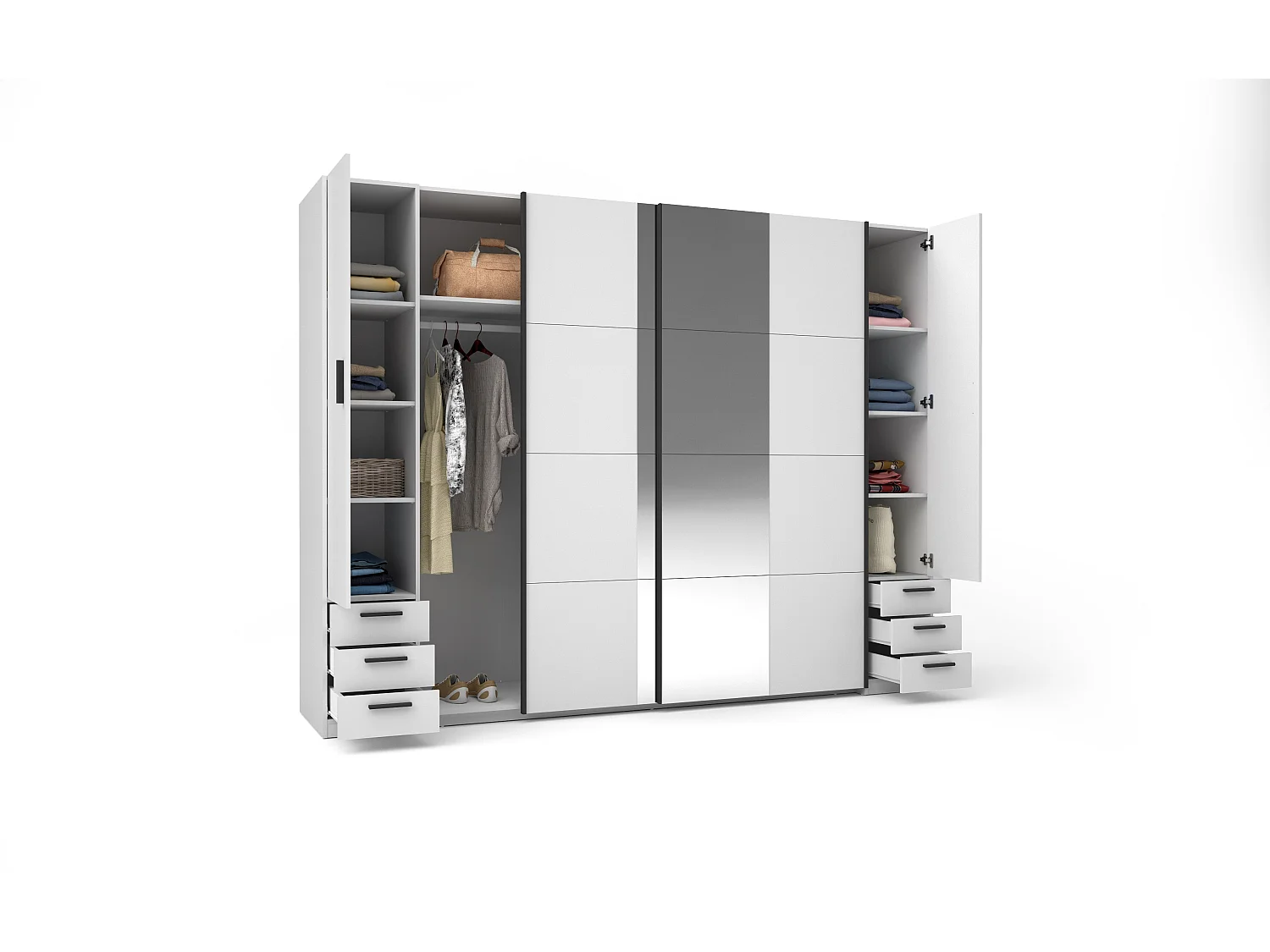 Kleiderschrank mit 6 Schubladen & 4 Türen - Mit Spiegel - 270 cm - Weiß - ARVOLIA