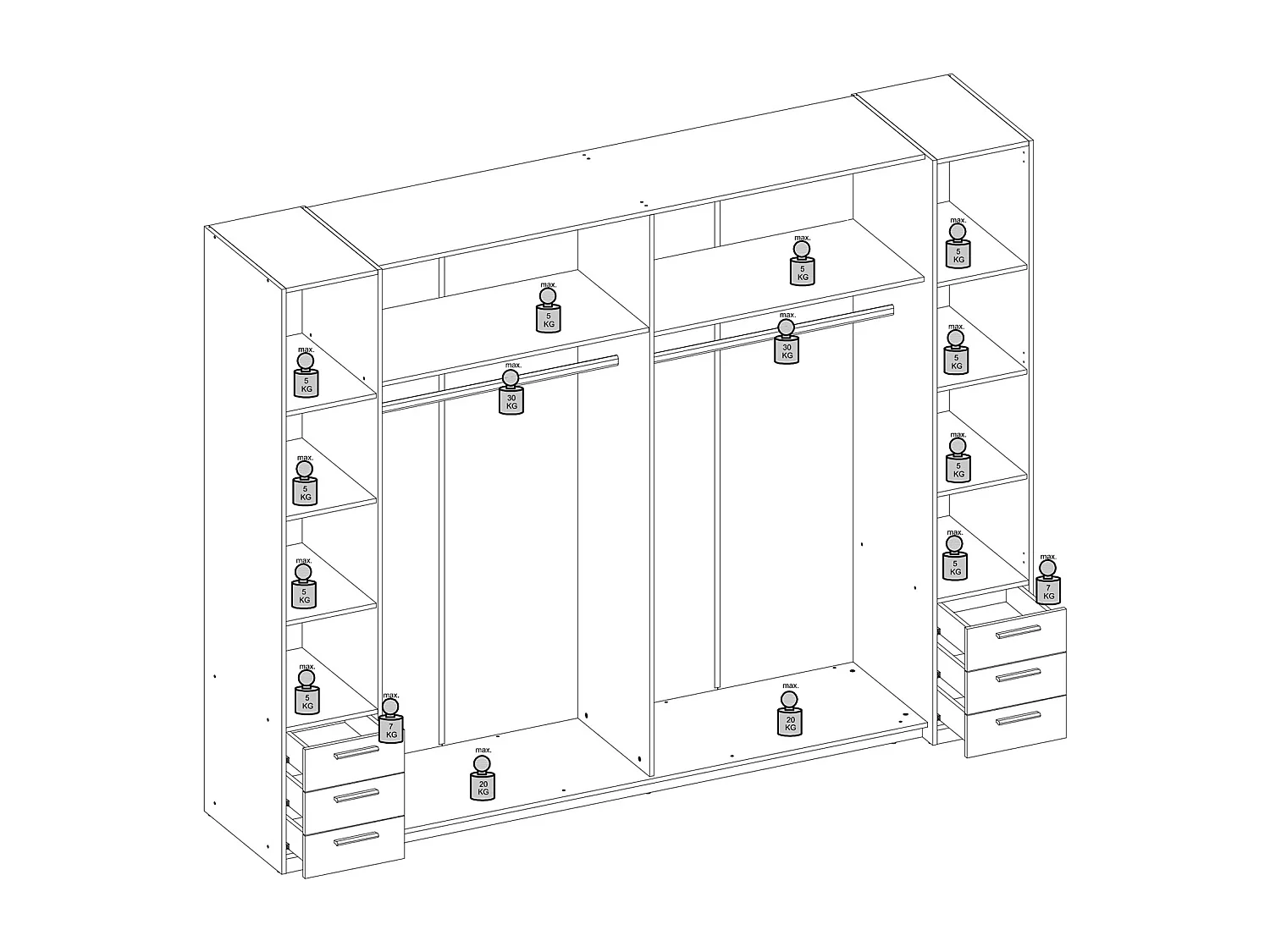 Kleiderschrank mit 6 Schubladen & 4 Türen - Mit Spiegel - 270 cm - Weiß - ARVOLIA