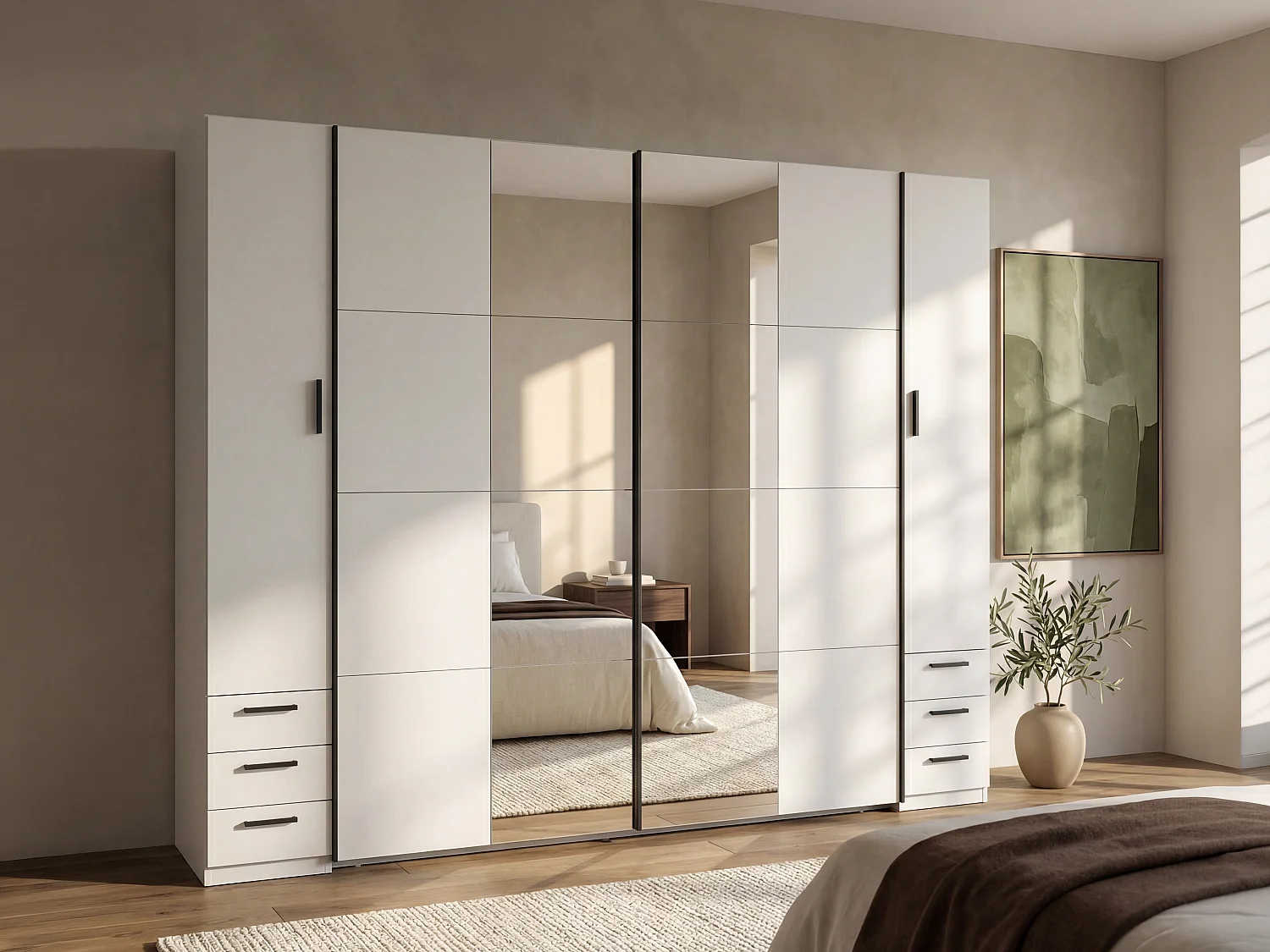 Armario con 6 cajones y 4 puertas - Con espejo - L270 cm - Blanco - ARVOLIA