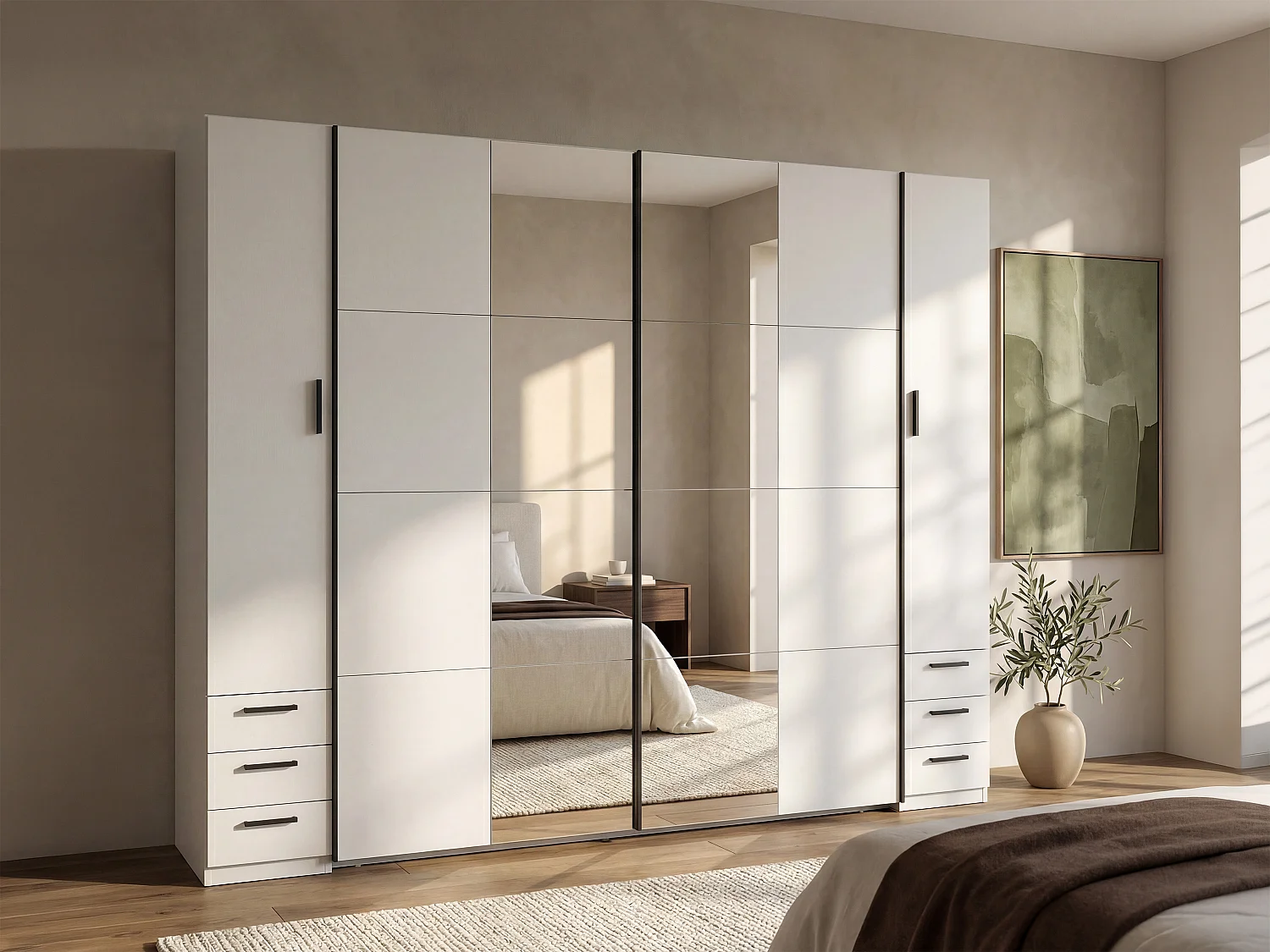 Kast met 6 lades en 4 deuren - Met spiegel - L270 cm - Wit - ARVOLIA