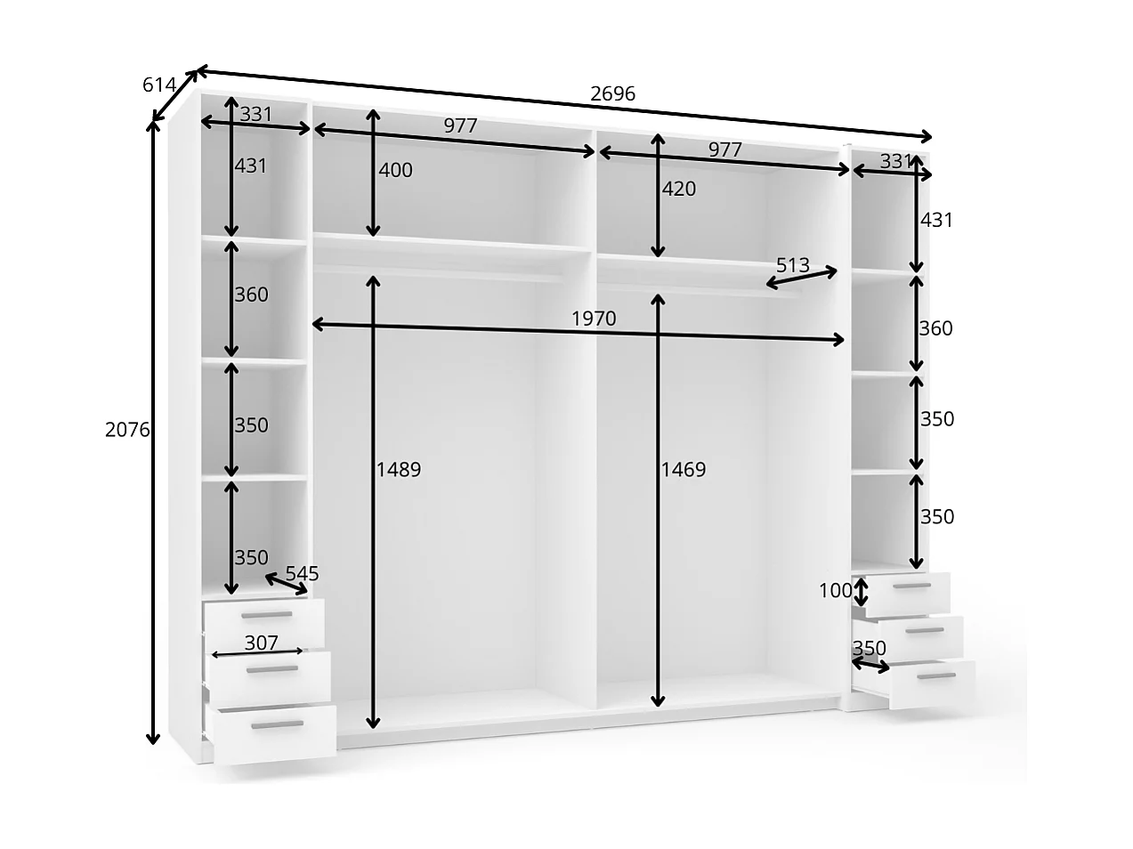 Armoire avec 6 tiroirs et 4 portes - Avec miroir - L270 cm - Blanc - ARVOLIA