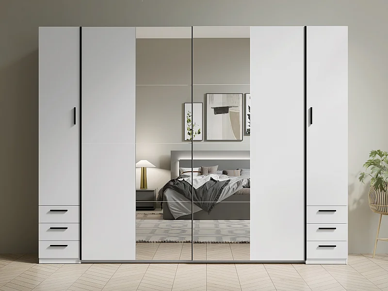 Kleiderschrank mit 6 Schubladen & 4 Türen - Mit Spiegel - 270 cm - Weiß - ARVOLIA