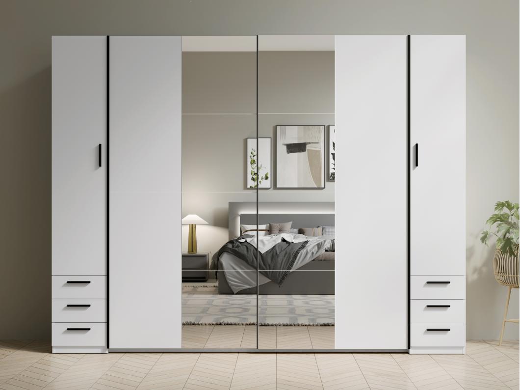 Guarda-roupa com 6 gavetas e 4 portas, com espelho, C270 cm, branco - ARVOLIA