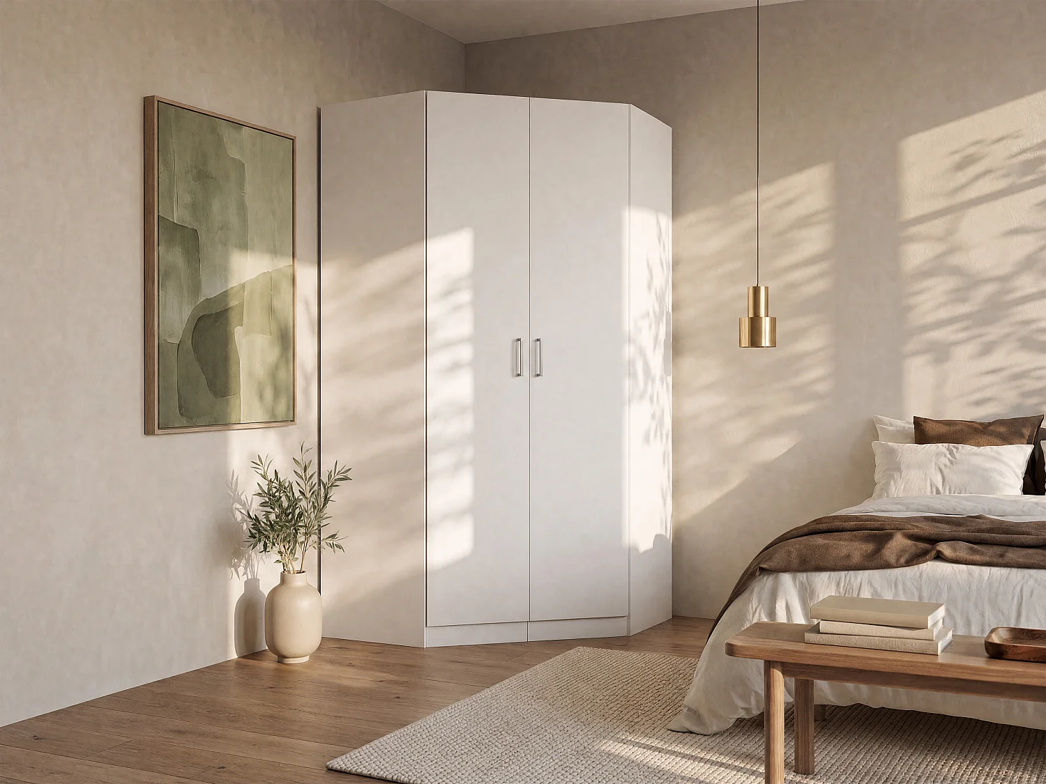 2-Door Corner Wardrobe - W117 cm - White - BELOMY