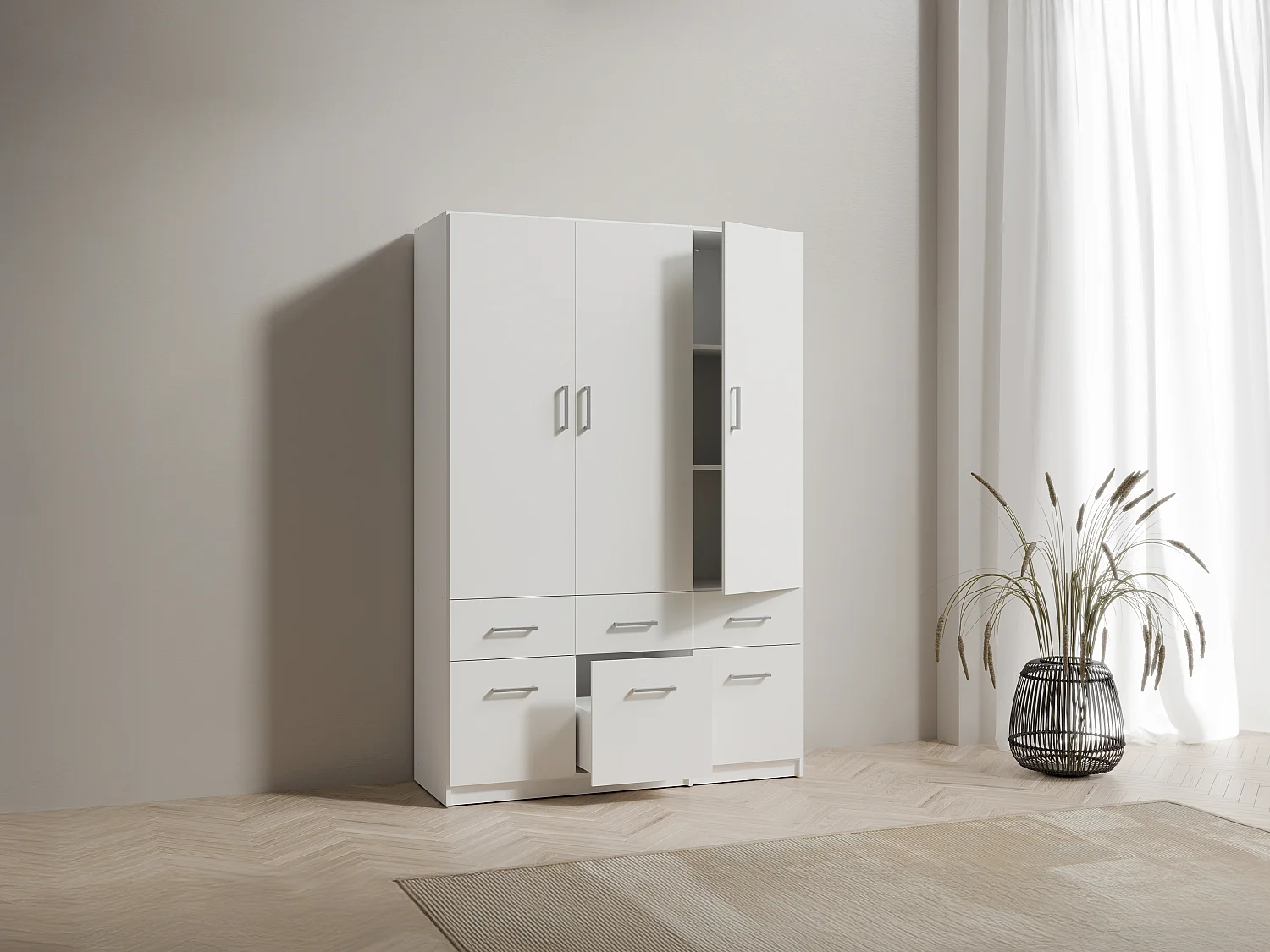 Armoire 3 portes et 6 tiroirs - L136 cm - Blanc - BELOMY