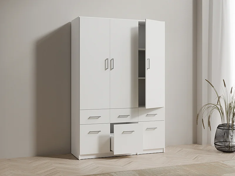 Armoire 3 portes et 6 tiroirs - L136 cm - Blanc - BELOMY