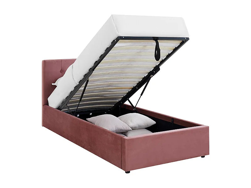 Lit coffre adulte 90x190 cm avec tête de lit matelassée en velours rose et sommier - Tina