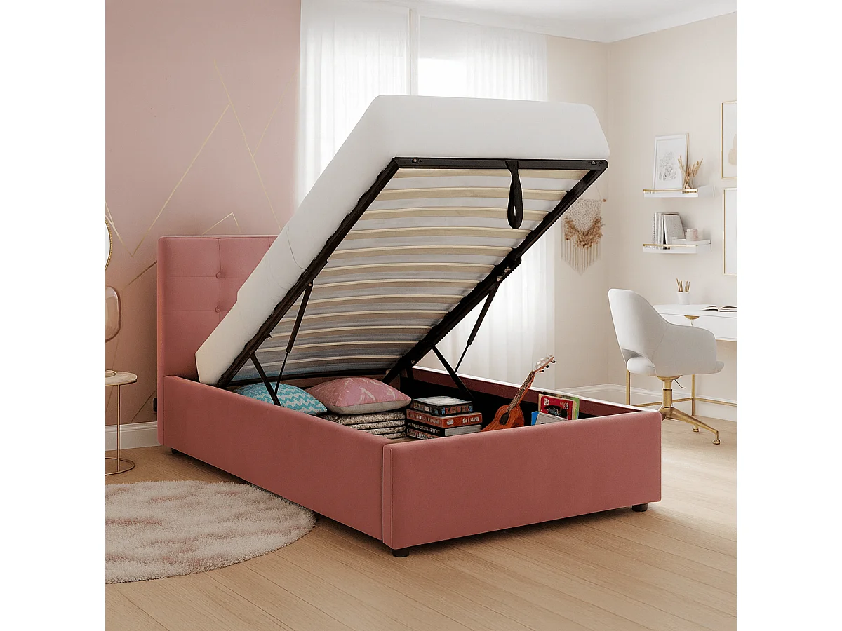 Lit coffre adulte 90x190 cm avec tête de lit matelassée en velours rose et sommier - Tina