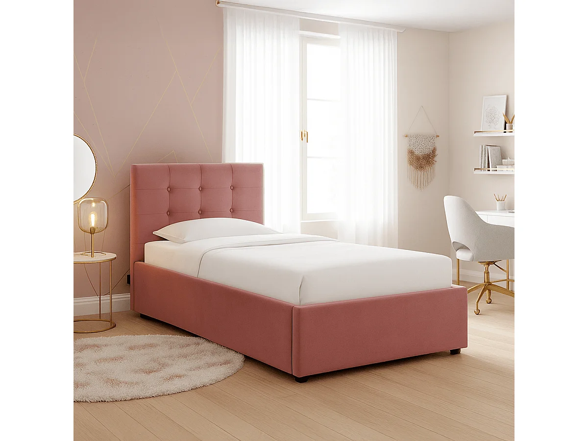 Lit coffre adulte 90x190 cm avec tête de lit matelassée en velours rose et sommier - Tina