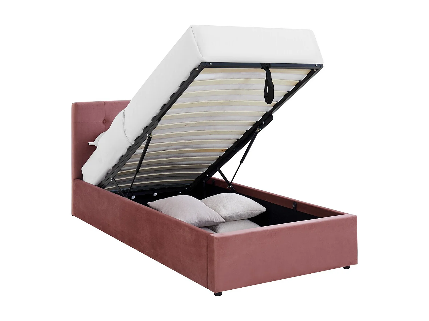 Lit coffre adulte 90x190 cm avec tête de lit matelassée en velours rose et sommier - Tina