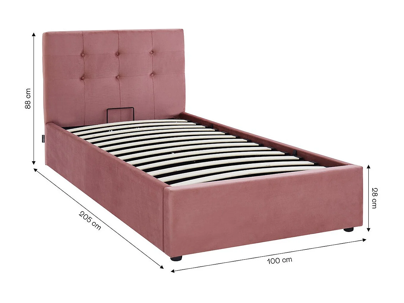 Lit coffre adulte 90x190 cm avec tête de lit matelassée en velours rose et sommier - Tina