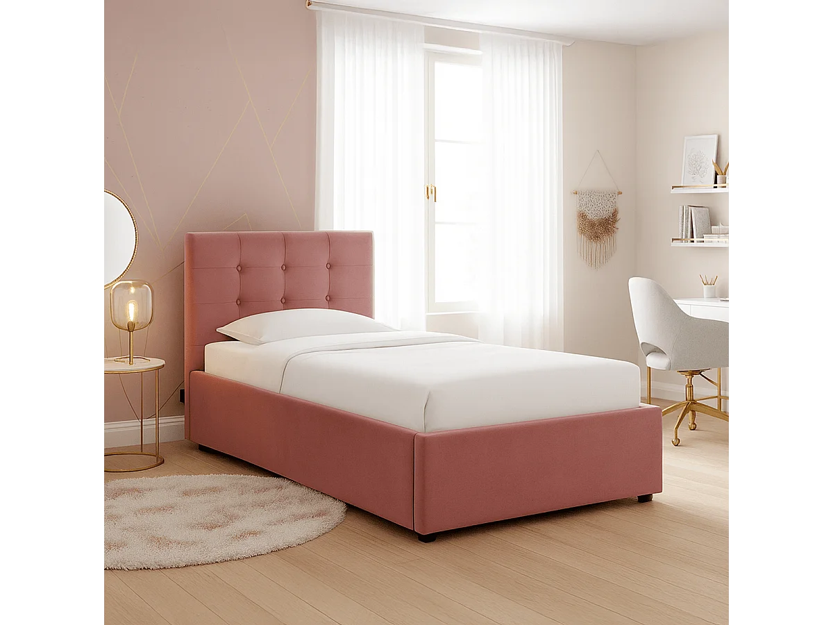 Lit coffre adulte 90x190 cm avec tête de lit matelassée en velours rose et sommier - Tina