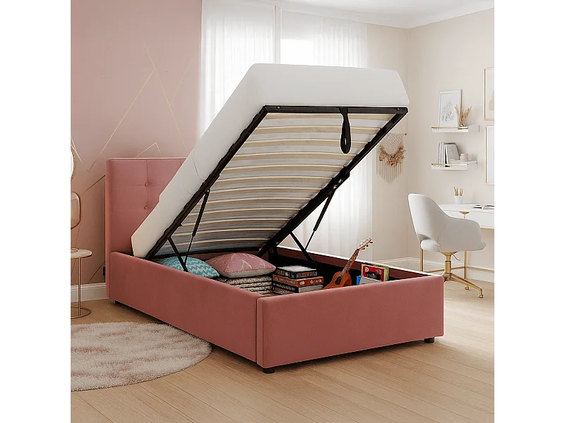 Lit coffre adulte 90x190 cm avec tête de lit matelassée en velours rose et sommier - Tina